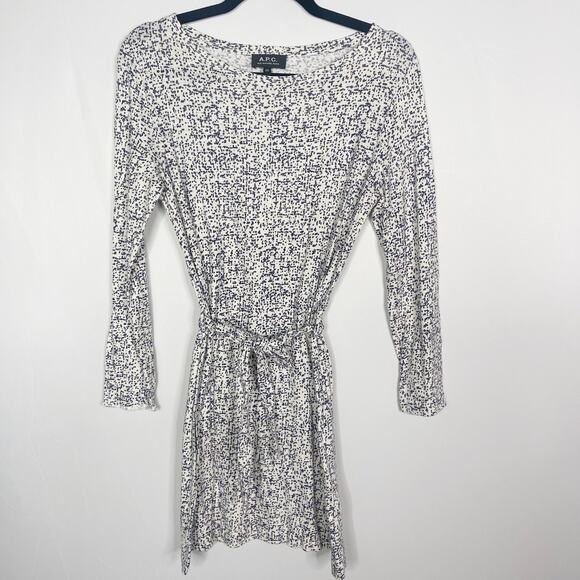 APC Womens XS White Blue Cream Printed Tie Waist Cotton Linen Dress Long Sleeve - Picture 1 of 11